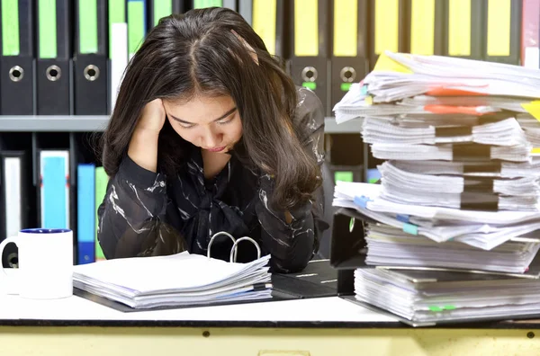 Work hard, Lot of work, Stacks of document paper and files folder on office desk, Office worker worried about her messy project.