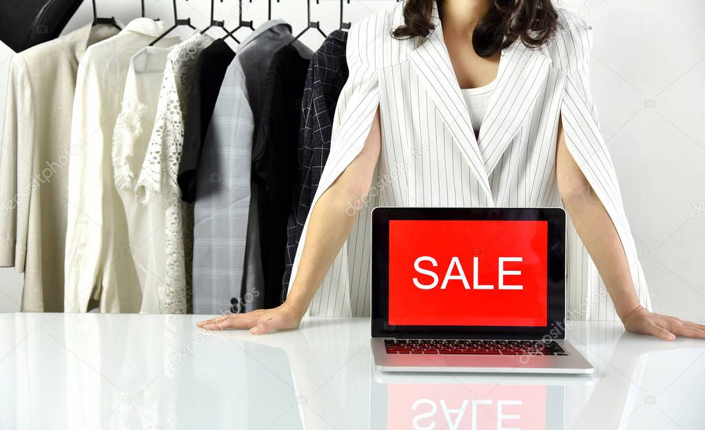 Sale promotion sign, Online shopping discount, Entrepreneur and e-business commerce, Dressmaker and fashion business.