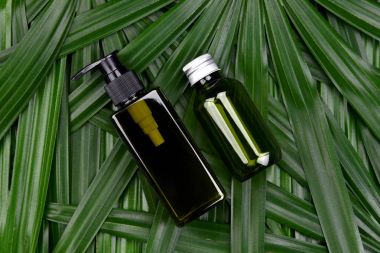 Kozmetik şişe kapları ile yeşil bitki yaprakları, marka mock-up, doğal organik güzellik ürün kavramı için boş etiket paketi.