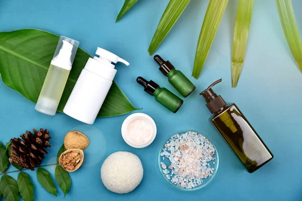 Yeşil Bitkisel Kozmetik şişe kaplarda bırakır arka plan, marka mock-up, doğal organik Cilt Bakımı Güzellik ürün kavramı için boş etiket.