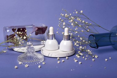 Ürün sunumuyla birlikte paketlenmiş kozmetik şişe kapları, organik markalaşma modeli için boş etiket, doğal cilt bakımı ürün konsepti.