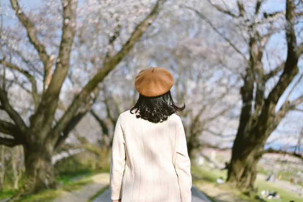 Mujer Asiática Viajero Turismo Sakura Flores Cerezo Temporada Primavera Caminando —  Fotos de Stock