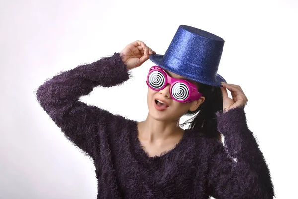 Surprised Asian Woman Shouting Girl Wearing Funny Glasses Isolated Pink — Stock Photo, Image