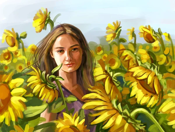 Portrait of a girl in a field of sunflowers. Hand-written — Stock Photo, Image