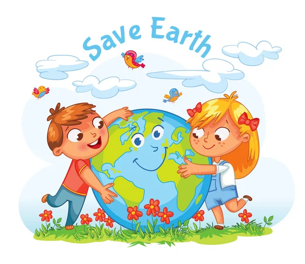 世界地球日。男孩和女孩拥抱全球 — 图库矢量图片