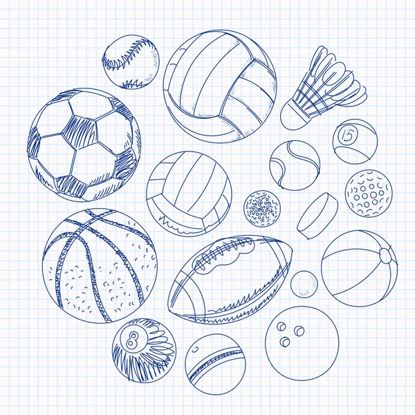 Freehand dibujo de bolas de deporte en una hoja de libro de ejercicios — Vector de stock