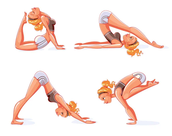 瑜伽姿势。有趣的卡通人物 — 图库矢量图片