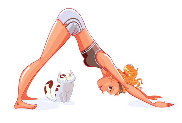 Mädchen und Katze machen Yoga. Nach unten gerichtete Hundehaltung — Stockvektor