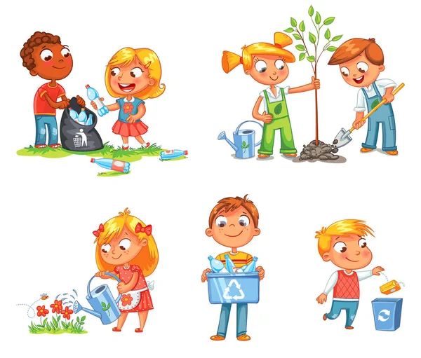 Ekologické děti design. Vtipné kreslené postavičky — Stockový vektor
