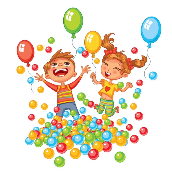 Happy boy and girl playing with colorful balls at playground Stock Vector