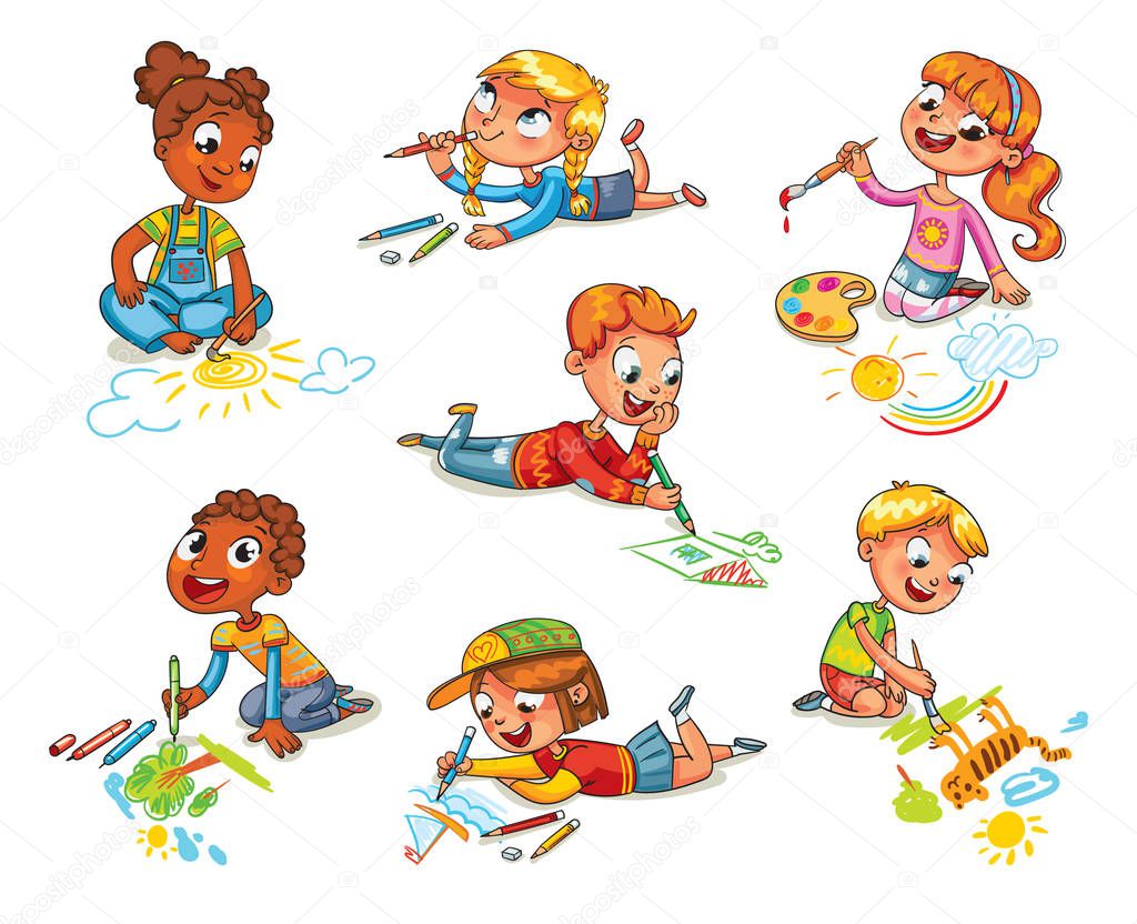 Little children draw pictures pencils and paints — Stock Vector
