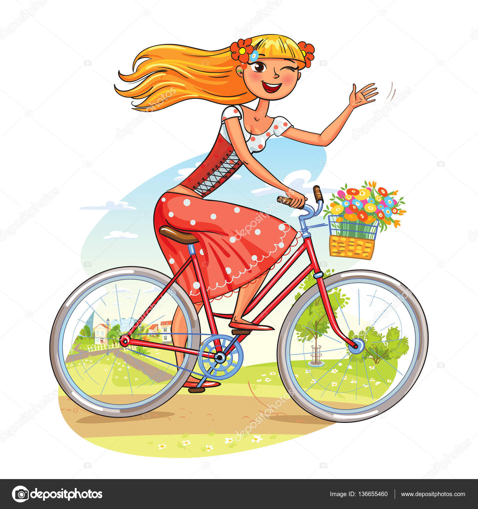 Schönes Mädchen fährt Fahrrad und winkt