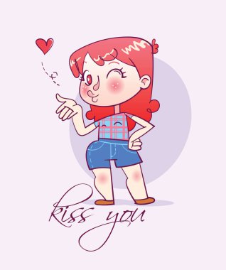 Karikatür mutlu kız bir hava öpücük gönderir