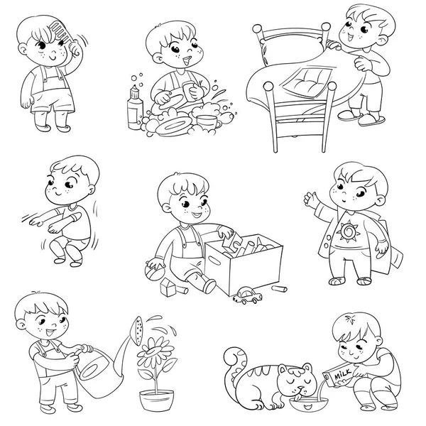 Cartoon kid daily routine activities set — Stock Vector