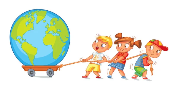 Children pulling wagon with a globe — Stock Vector