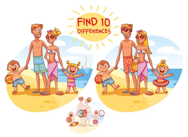 Encuentra las 10 diferencias. Familia feliz de vacaciones — Vector de stock