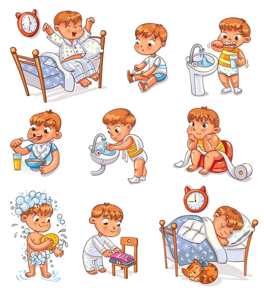 Cartoon kid daily routine activities set — Stock Vector