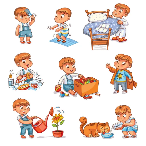 Desenhos animados criança atividades de rotina diária definido — Vetor de Stock