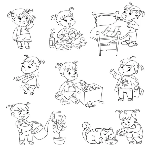 Dibujos animados niño actividades diarias de rutina conjunto — Archivo Imágenes Vectoriales