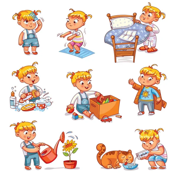 Cartoon kid daily routine activities set — Stock Vector