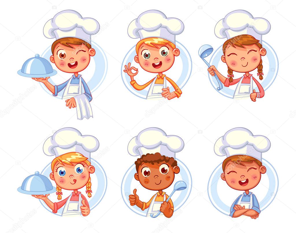 Collection of Cook Chef portraits in different situations. Child in a cook's cap and with a towel, holds a ladle. Kid makes gesture ok, holding dish with food. Logo design template for baby food. Set