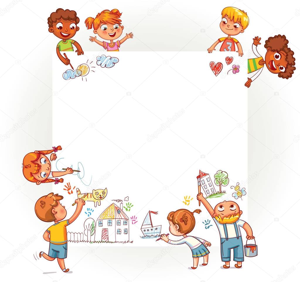 Different children draw on large poster