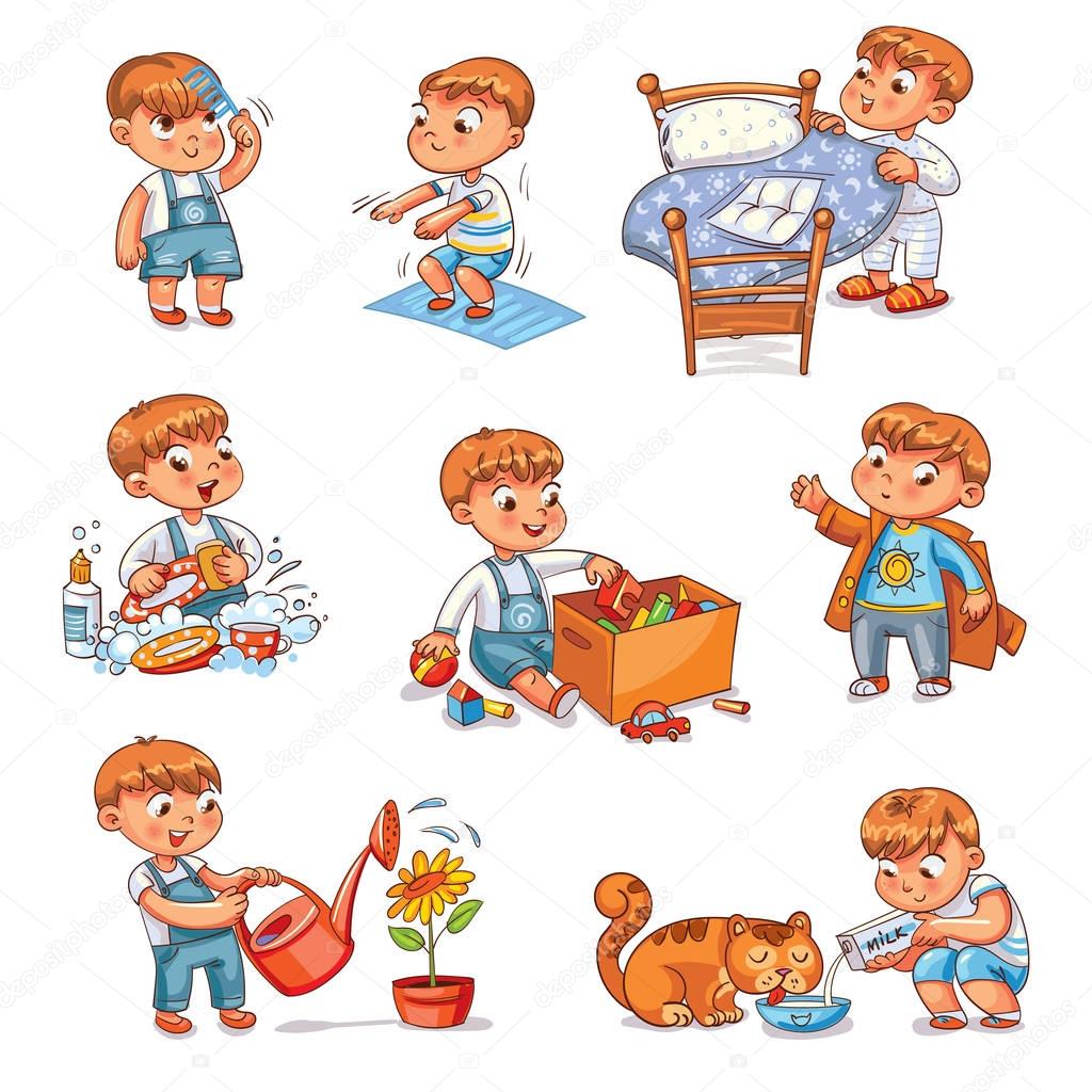 Cartoon kid daily routine activities set