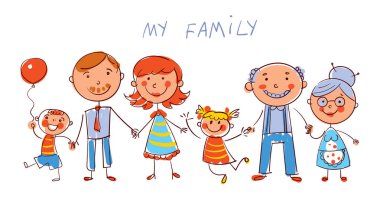 Büyük mutlu bir aile. Çocuk çizimleri tarzında