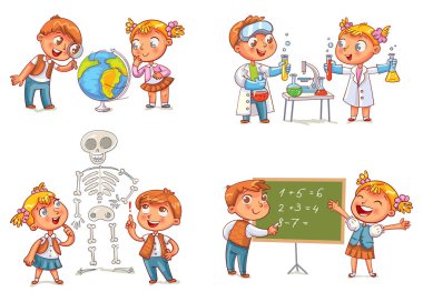 Children in the lesson of geography, chemistry, mathematics and biology
