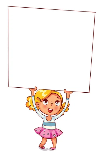 一个小女孩在她头上举起了一张大广告海报 — 图库矢量图片