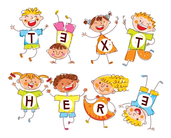 Aranyos boldog gyerekek. Stílus a gyermekek rajzai. Hely a szöveg — Stock Vector