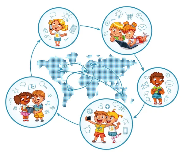 Children interact with each other on social networks around the world — Stock Vector