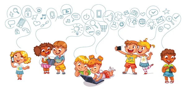 Crianças interagem umas com as outras nas redes sociais — Vetor de Stock