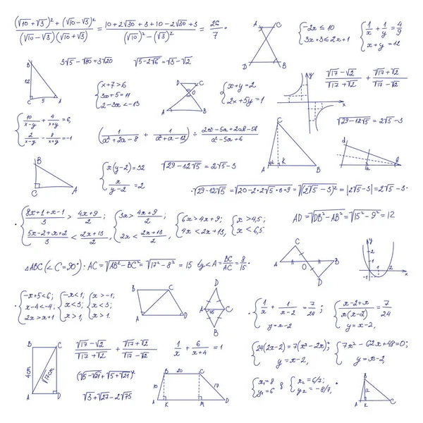 Handgezeichnete mathematische Gleichung mit handgeschriebenen Algebra-Formeln — Stockvektor