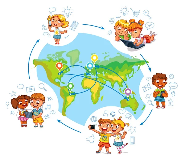 Children interact with each other on social networks around the world — Stock Vector