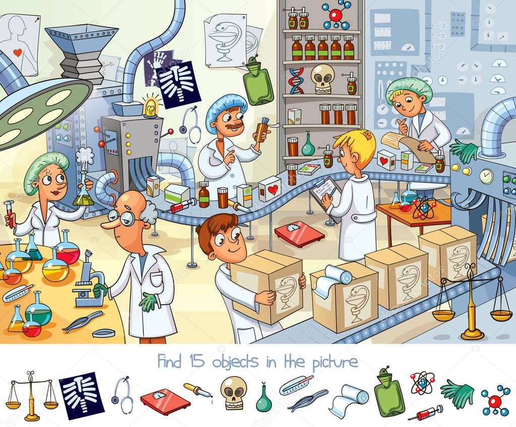 Pharmaceutical factory. Find 15 objects in the picture