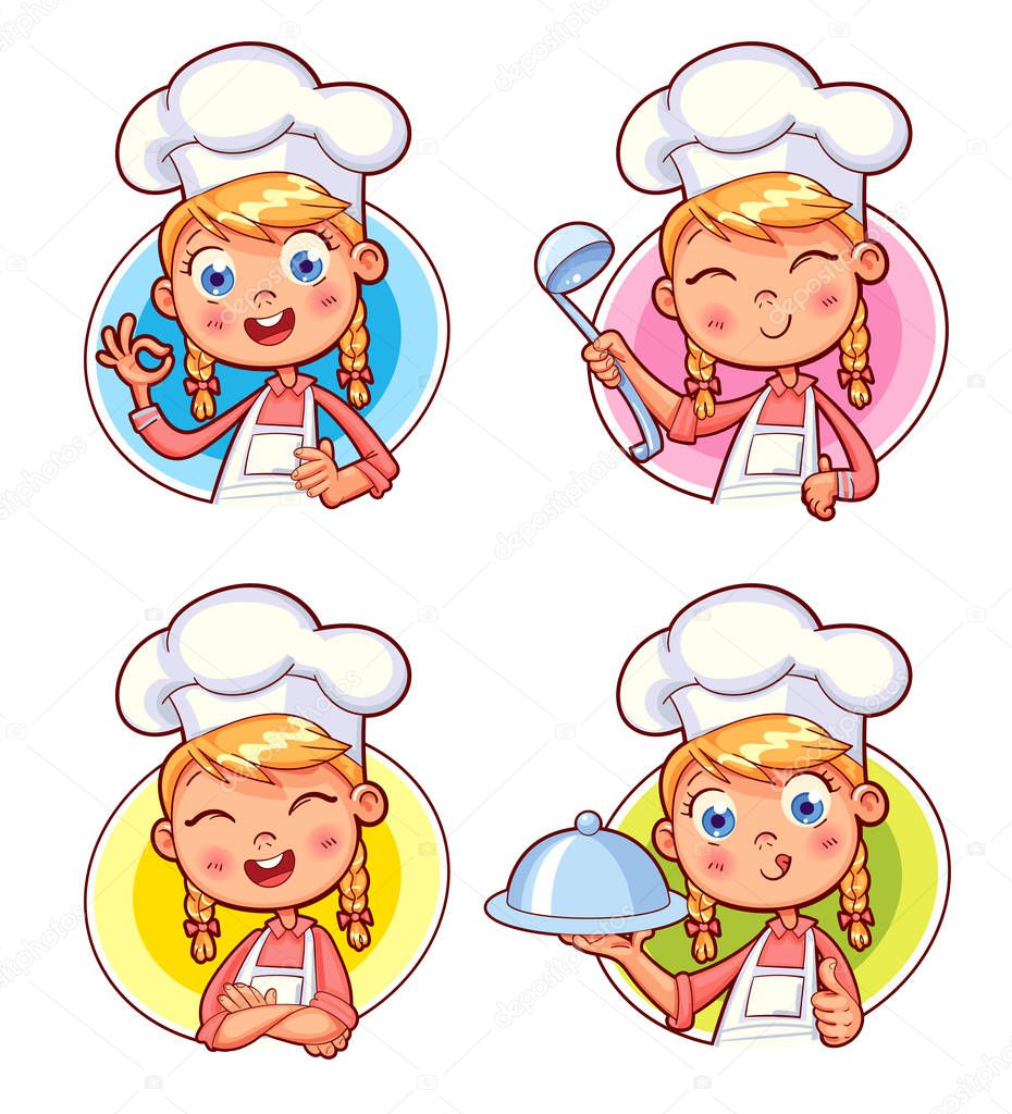 Happy smiling Chef Cook collection. Child in a cook's cap and with a towel, holds a ladle. Kid makes gesture okay, holding dish with food.  Logo design template for baby food. Funny cartoon character