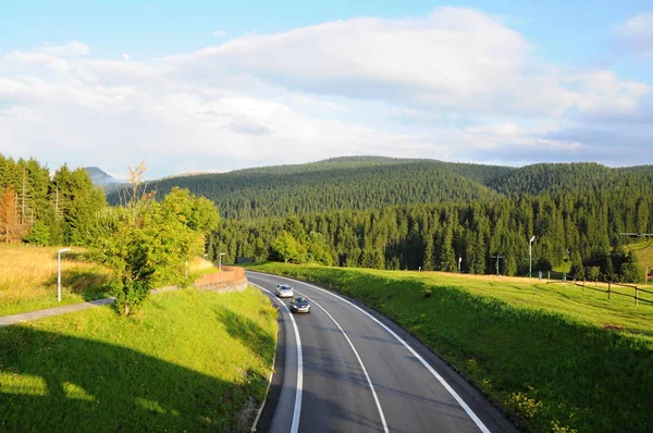 Dağlar Tatra yatay yeşil orman, mavi bulutlar ve çayır. Orta yol