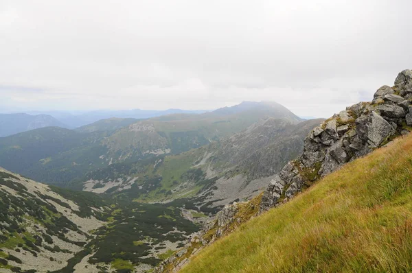 Tatra Dağları yeşil çim ve beyaz bulutlar ile panorama manzara. Slovakya Milli Parkı.