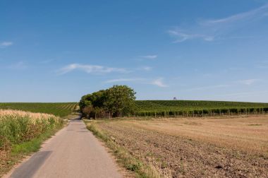 Yol ve arazi, arka planda küçük bir köy yakınındaki sahada