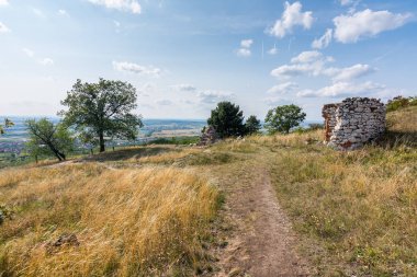 Çayır, ağaç ve otların üzerinde chapel ve taş duvar harabe. Yazın hava mavi gökyüzü ile