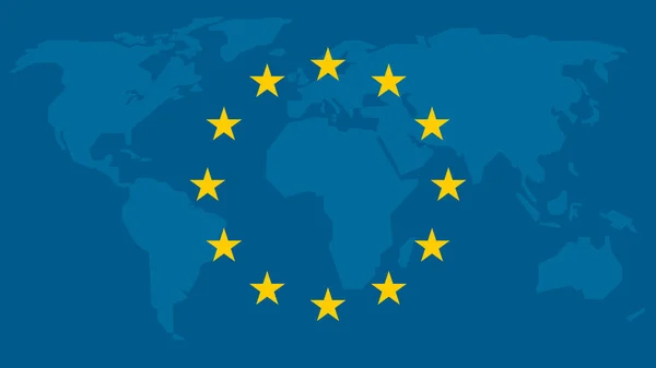 Dünya Haritası Üzerinde Avrupa Birliği Bayrağı Yıldız Ile Dünya Birleşik — Stok Vektör