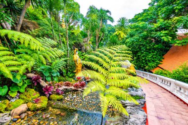Tayland 'ın Bangkok şehrindeki Wat Saket tapınağına (Altın Dağ) giden yıldızlar. Yanında çiçekler olan güzel ağaçlar ve bitkiler. Merdivenlerin yakınındaki Budizm dini heykelleri. Ruhani bir yer