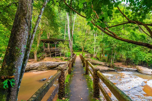 Houten brug boven de Mae Sa rivier, vlakbij de waterval, Thailand. Oude brug geplaatst in tropisch regenwoud. Frisse groene bomen, planten en levendige pure natuur.Romantisch uitzicht in de natuur in de buurt van Chiang Mai — Stockfoto