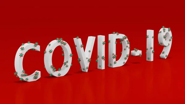 3D文本"Covid-19"包含在绿色和红色病毒分子模型中。武汉市疫情预警文本及信息图解的概念.3D渲染. — 图库照片