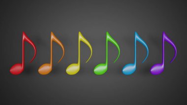 Gökkuşağı renkli nota gri gradyan arkaplana yerleştirilmiş. Müzik, rahatlama, kutlama ya da partiyle ilgili renkli dekorasyon kavramı. 3 Boyutlu Hazırlama.