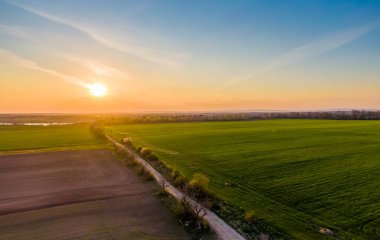 Çek Cumhuriyeti 'nin Palava tepelerindeki tarım arazisinin havadan görünüşü. Kirli yolun üzerinde elektrik hattı olan üzüm bağlarının yakınındaki kırsal bölgede. Yaz havası, gün batımı. Arka planda Mlyny gölü var..