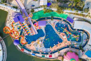 PHITSANULOK, THAILAND - APRIL 8 : The unidentified people in Splash Fun water park in Phitsanulok on April 8, 2017. Aerial view from flying drone