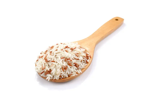 Rice in wooden spoon on white background. — Stock Photo, Image