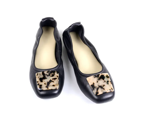 Paar Schwarze Flache Schuhe Auf Weißem Hintergrund — Stockfoto
